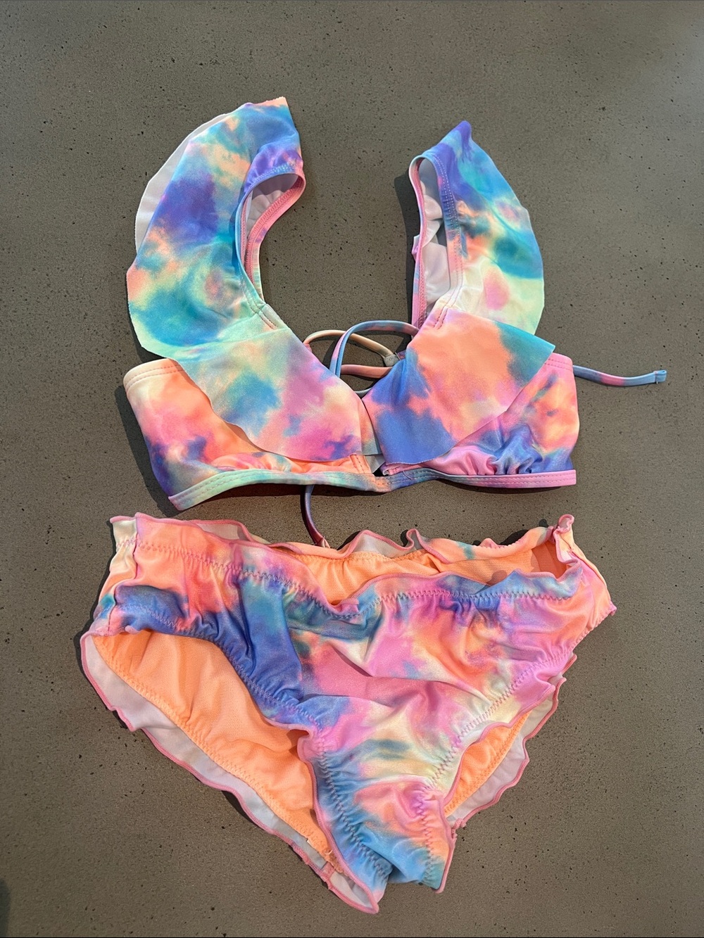 Kids Tie-Dye Ruffle Two-Piece Swimsuit - Pink/Blue/Peach